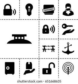 Secure icon. set of 13 filled secureicons such as opened lock, anchor, cargo protection, censored woman, censored, security lock, lock, wire fence, keyhole, key on hand