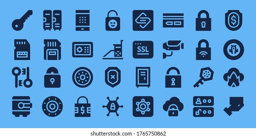 secure icon set. 32 filled secure icons. on blue background style Simple modern icons such as: Key, Sd card, Encryption, Safebox, Lockers, Padlock, Shield, Password, Lock, Vigilance