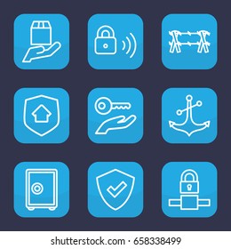 Secure icon. set of 9 outline secure icons such as anchor, cargo protection, security lock, home security, wire fence, shield, key on hand, safe