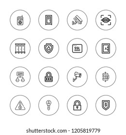 Secure icon set. collection of 16 outline secure icons with cctv, data protection, eye scan, gdpr, locker, lockers, key, padlock, risk, secure, shield, ssl, safebox icons.