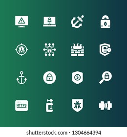 secure icon set. Collection of 16 filled secure icons included Seatbelt, Antivirus, Clamp, Https, Padlock, Protection, Unlock, Anchor, Security, Firewall, Login, Error