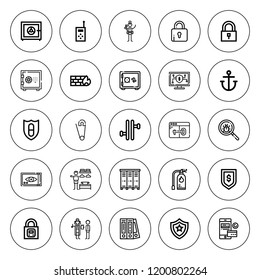 Secure icon set. collection of 25 outline secure icons with anchor, blinder, detective, extinguisher, dressing room, eye scan, lock, locker, firewall icons. editable icons.