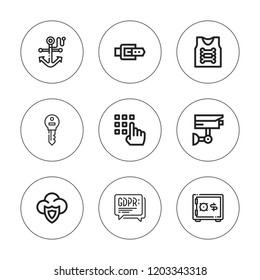 Secure icon set. collection of 9 outline secure icons with armor, anchor, belt, cctv, gdpr, key, password, shield icons. editable icons.