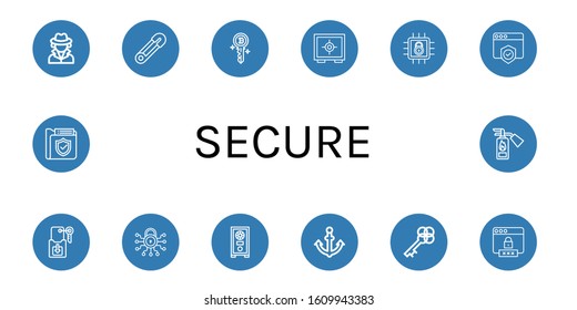 secure icon set. Collection of Detective, Safety pin, Key, Safe, Lock, Shield, Secure, Safe box, Anchor, Password, Security, Fire extinguisher icons