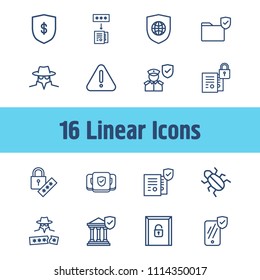 Secure icon set and cyber fraud with global secure, software bug and mobile security. Cyber crime related secure icon vector for web UI logo design.
