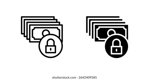 Secure icon set with locked bills stack representing protected financial data and privacy