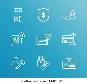 Secure icon set and surveillance with user badge, infected message and insurance. Admin key related secure icon vector for web UI logo design.