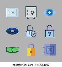 secure icon set. vector set about insurance, padlock, safe deposit and money id icons set.