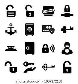 Secure icons. set of 16 editable filled secure icons such as opened lock, key, safe, censored woman, censored, lock, security lock, key on hand, wire fence, safe