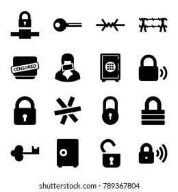 Secure icons. set of 16 editable filled secure icons such as lock, safe, censored woman, censored, key, security lock, wire fence, opened lock