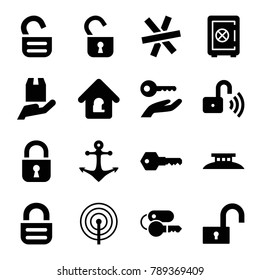 Secure icons. set of 16 editable filled secure icons such as safe, cargo protection, lock, lock home, key, key on hand, anchor