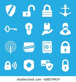 Secure icons set. set of 16 secure filled icons such as lock, Safe, cargo protection, censored woman, censored, security lock, home security, key, anchor, keyhole