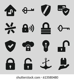 Secure icons set. set of 16 secure filled icons such as lock, opened lock, anchor, cargo protection, key, wire fence, keyhole, shield, card protection