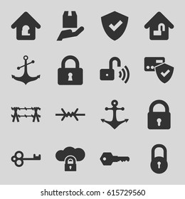 Secure icons set. set of 16 secure filled icons such as lock, anchor, cargo protection, lock home, key, wire fence, shield, card protection