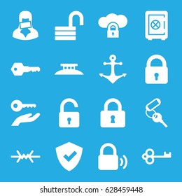 Secure icons set. set of 16 secure filled icons such as lock, opened lock, Safe, key, censored woman, anchor, wire fence, key on hand, shield