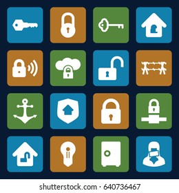 Secure icons set. set of 16 secure filled icons such as lock, opened lock, censored woman, key, home security, anchor, wire fence, keyhole, safe