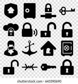 Secure icons set. set of 16 secure filled icons such as opened lock, safe, lock, anchor, censored woman, lock home, key, home security, wire fence, safe
