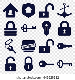 Secure icons set. set of 16 secure filled icons such as lock, opened lock, key, anchor, censored, lock home, home security