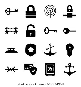 Secure icons set. set of 16 secure filled icons such as opened lock, safe, lock, anchor, key, home security, wire fence, keyhole