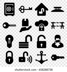 Secure icons set. set of 16 secure filled icons such as lock, opened lock, safe, cargo protection, censored woman, key, anchor, wire fence, keyhole