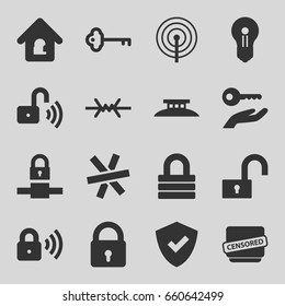 Secure icons set. set of 16 secure filled icons such as lock, censored, lock home, key, wire fence, keyhole, key on hand