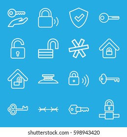 secure icons set. Set of 16 secure outline icons such as opened lock, lock home, key, wire fence, shield