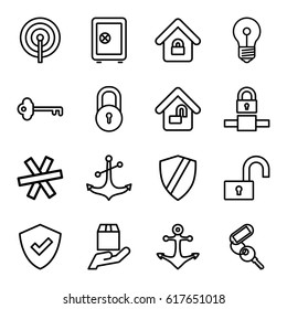Secure icons set. set of 16 secure outline icons such as lock, Safe, key, anchor, cargo protection, lock home, home lock, wire fence, shield