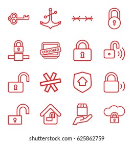 Secure icons set. set of 16 secure outline icons such as lock, opened lock, anchor, cargo protection, censored, home security, wire fence, key