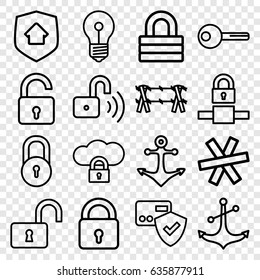 Secure icons set. set of 16 secure outline icons such as lock, opened lock, anchor, key, opened security lock, home security, wire fence, card protection, cloud protection