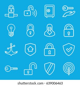 Secure icons set. set of 16 secure outline icons such as lock, safe, anchor, censored woman, key, opened security lock, home security, shield, key on hand
