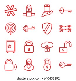 Secure icons set. set of 16 secure outline icons such as lock, cargo protection, censored woman, key, wire fence, safe, shield