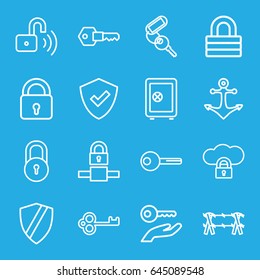 Secure icons set. set of 16 secure outline icons such as lock, safe, key, opened security lock, anchor, wire fence, shield, key on hand