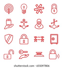 Secure icons set. set of 16 secure outline icons such as lock, opened lock, anchor, cargo protection, censored woman, wire fence, key on hand, safe, shield