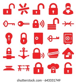 Secure icons set. set of 25 secure filled icons such as lock, opened lock, safe, censored woman, censored, key, anchor, wire fence, keyhole, safe