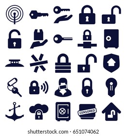 Secure icons set. set of 25 secure filled icons such as lock, opened lock, safe, key, anchor, cargo protection, censored woman, censored, home security, wire fence, keyhole