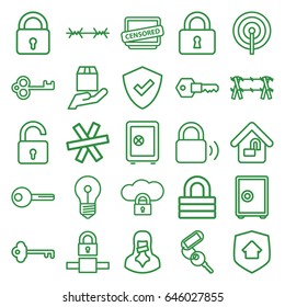 Secure icons set. set of 25 secure outline icons such as lock, opened lock, safe, key, cargo protection, censored woman, censored, home lock, home security, wire fence, shield