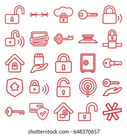 Secure icons set. set of 25 secure outline icons such as opened lock, lock, cargo protection, censored, key, home security, wire fence, card protection, key on hand, safe