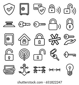 Secure icons set. set of 25 secure outline icons such as lock, opened lock, safe, key, censored, anchor, wire fence, shield, card protection, key on hand, safe