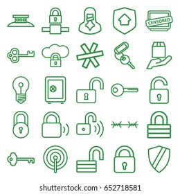 Secure icons set. set of 25 secure outline icons such as lock, opened lock, safe, key, cargo protection, censored woman, censored, opened security lock, home security