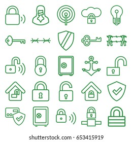 Secure icons set. set of 25 secure outline icons such as lock, opened lock, safe, censored woman, key, anchor, wire fence, shield, card protection, safe, cloud protection