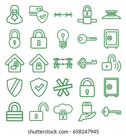 Secure icons set. set of 25 secure outline icons such as lock, safe, opened lock, cargo protection, censored woman, key, wire fence, shield, card protection, safe
