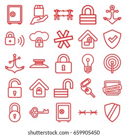 Secure icons set. set of 25 secure outline icons such as lock, opened lock, safe, key, anchor, cargo protection, censored, wire fence, shield, safe, cloud protection