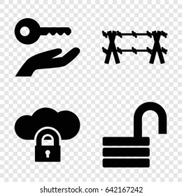 Secure icons set. set of 4 secure filled icons such as opened lock, wire fence, key on hand