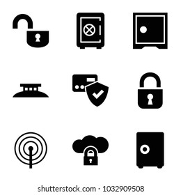 Secure icons. set of 9 editable filled secure icons such as safe, card protection, safe, cloud protection, lock, wire fence