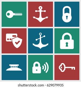 Secure icons set. set of 9 secure filled icons such as lock, anchor, key, security lock, wire fence