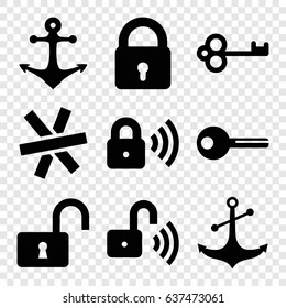 Secure icons set. set of 9 secure filled icons such as lock, opened lock, anchor, key