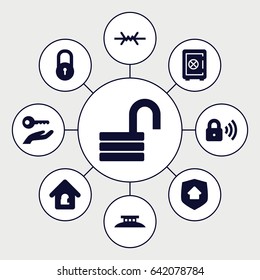 Secure icons set. set of 9 secure filled icons such as lock, safe, opened lock, home security, wire fence
