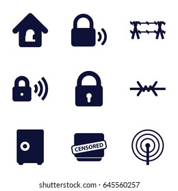Secure icons set. set of 9 secure filled icons such as lock, censored, lock home, security lock, wire fence