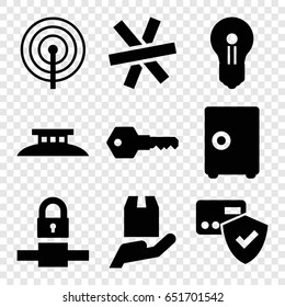 Secure icons set. set of 9 secure filled icons such as cargo protection, key, wire fence, keyhole, card protection, safe