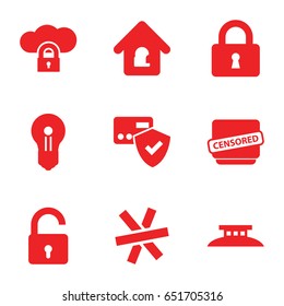 Secure icons set. set of 9 secure filled icons such as opened lock, lock, censored, lock home, wire fence, keyhole, card protection